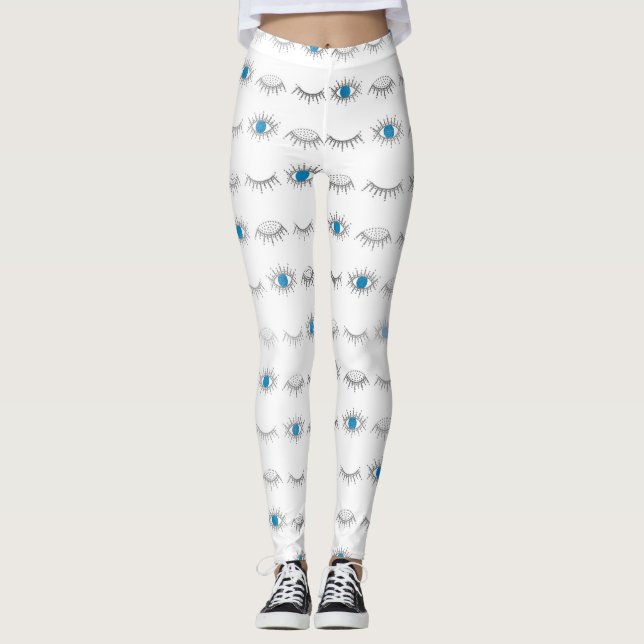 Silver Blue Evil Eye Eyelashes Nazar Mati Muster Leggings (Vorderseite)