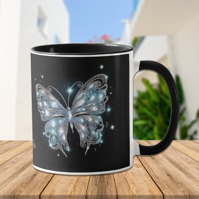 Silver Blue Fantasy Butterfly auf schwarz Tasse (Von Creator hochgeladen)