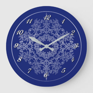 Silver & Blue Filigree Motif Wall Clock Große Wanduhr