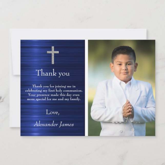 Silver Blue First Holy Communion Boy Danke (Vorderseite)