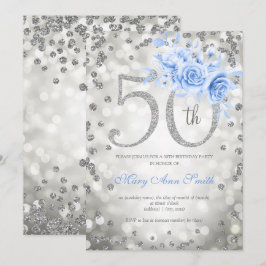 Silver Blue Floral 50. Geburtstag Glam Lights Einladung