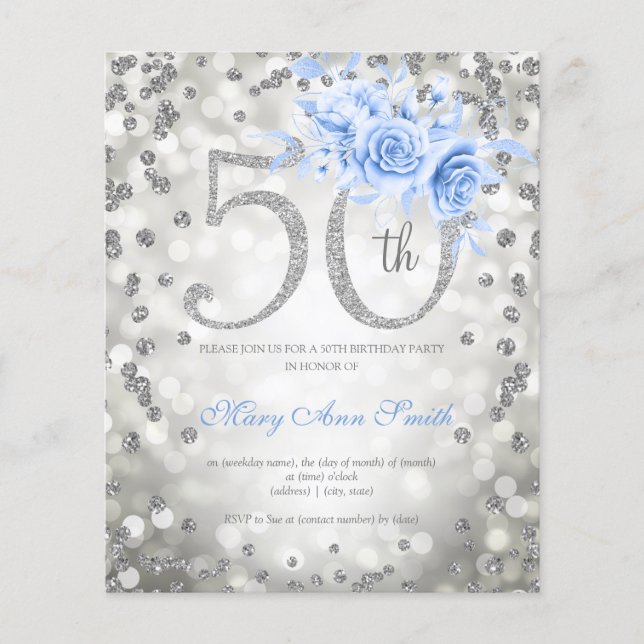 Silver Blue Floral 50. Geburtstagsleuchten laden e Flyer (Vorne)