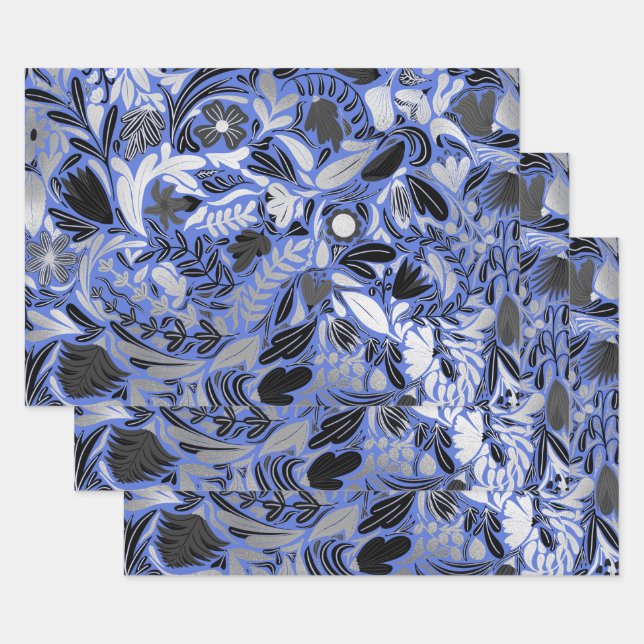 Silver Blue Floral Blätter Illustration Muster (Set)