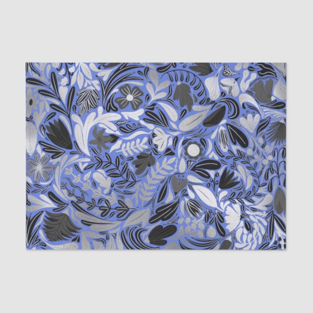 Silver Blue Floral Blätter Illustration Muster Seidenpapier (Vorderseite)