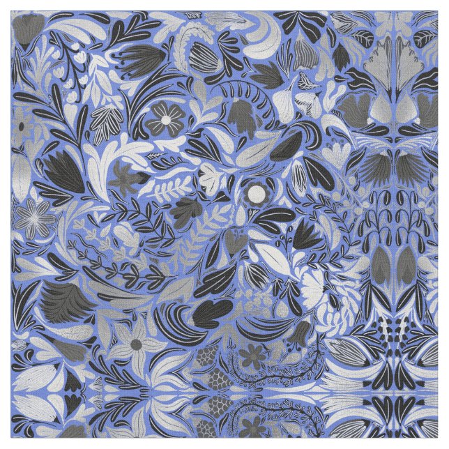 Silver Blue Floral Blätter Illustration Muster Stoff (Nahaufnahme)