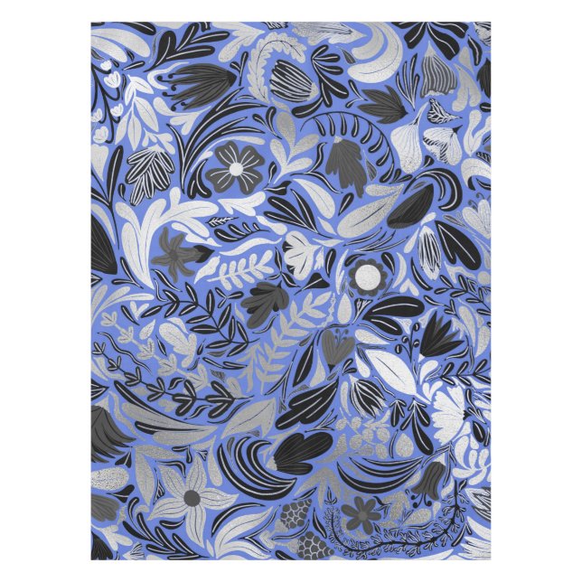 Silver Blue Floral Blätter Illustration Muster Tischdecke (Vorderseite)