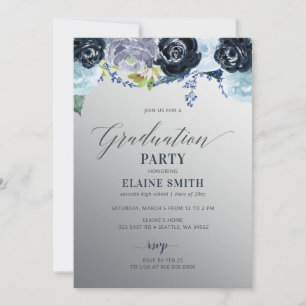 Silver Blue Floral Foto Graduation Party Einladung