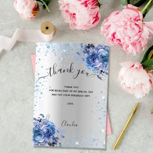 Silver blue floral glitter thank you card dankeskarte