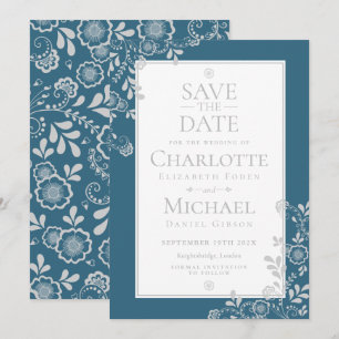 Silver Blue Floral Lace Save the Date Einladung