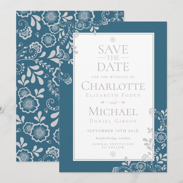Silver Blue Floral Lace Save the Date Einladung (Vorne/Hinten)