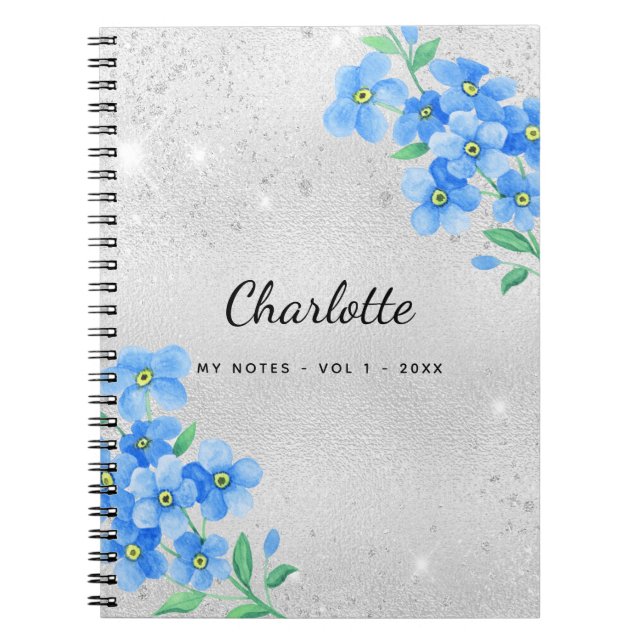 Silver blue floral name script notizblock (Vorderseite)