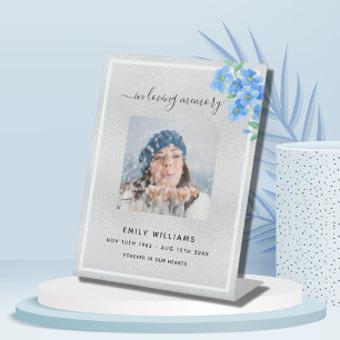 Silver blue floral photo memorial reception sockelschild