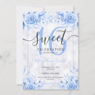 Silver Blue Floral Sweet 16 Marmor Glitzer Einladung