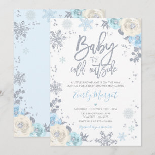 Silver & Blue Floral Winter Baby Showflake Einladung