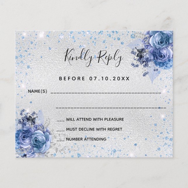 Silver Blue Florals Budget Hochzeit RSVP Flyer (Vorne)
