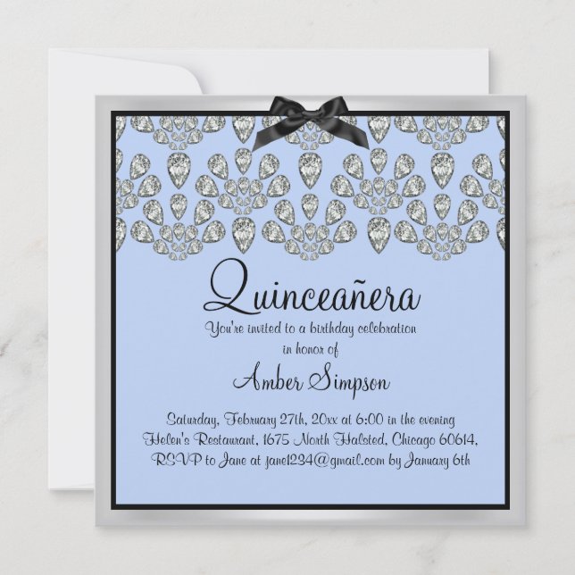 Silver/Blue Forever Diamonds Quinceanera laden Einladung (Vorderseite)