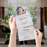 Silver Blue Geburtday Foto uAwg All In One Einladung<br><div class="desc">Ein Imitat silber aussehender Hintergrund,  mit blauen Imitaten Glitzer Glitzern im Inneren. Personalisieren und fügen Sie ein Foto,  Namen,  Party,  UAWG,  Rücksendeadresse und Namen.</div>