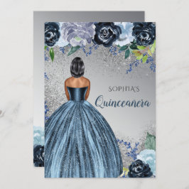 Silver Blue Glitzer Dress Quinceañera Quince Einladung