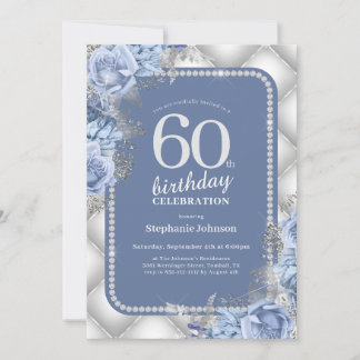 Silver Blue Glitzer Floral 60. Geburtstag Einladung