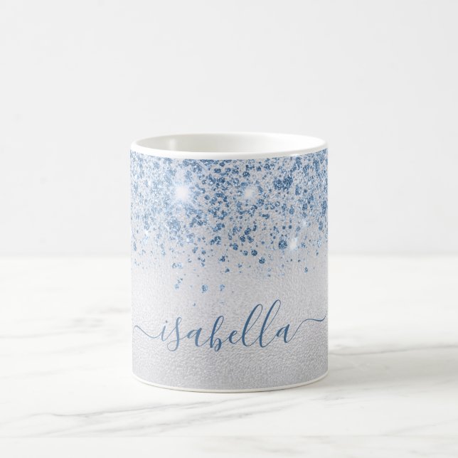 Silver Blue Glitzer Name Skript Kaffeetasse (Mittel)