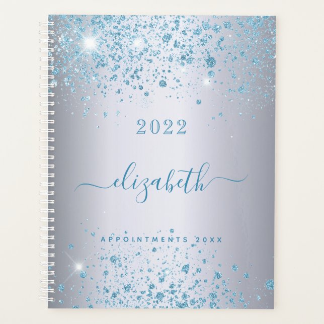Silver Blue Glitzer Staubname Monogramm 2022 Planer (Vorderseite)