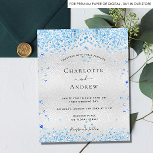 Silver Blue Herz Budget Hochzeitseinladung Flyer