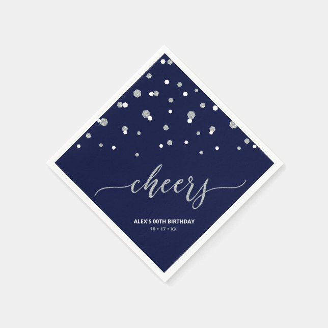 Silver & Blue Hexagon Confetti Cheers Custom Party Serviette (Ecke)