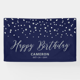 Silver & Blue Hexagon Confetti Happy Birthday Banner