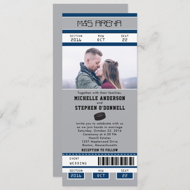 Silver Blue Hockey Ticket Wedding Einladung (Vorne/Hinten)