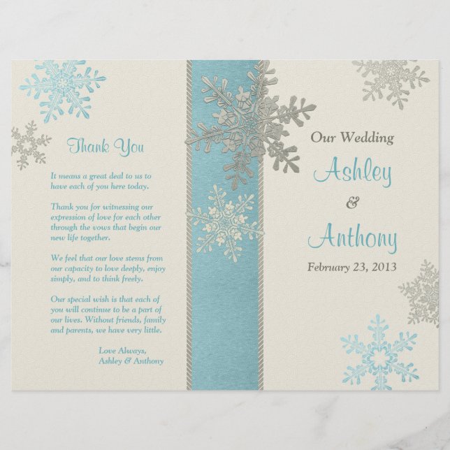 Silver Blue Ivory Snowflake Winter Wedding Program (Vorderseite)