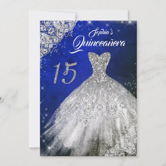 Silver Blue Lace Diamond Sparkle Gown Quinceanera Einladung (Vorderseite)