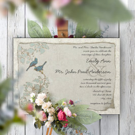 Silver Blue Love Bird Damask Hochzeitseinladungen Einladung
