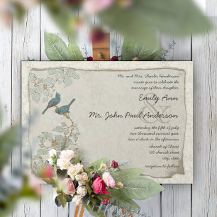 Silver Blue Love Bird Damask Hochzeitseinladungen Einladung