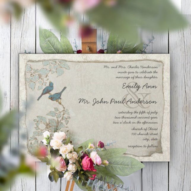 Silver Blue Love Bird Damask Hochzeitseinladungen Einladung (Von Creator hochgeladen)