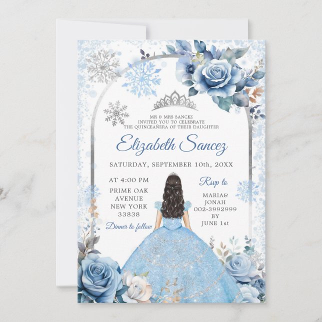 Silver Blue Magic Winter Snowflake Quinceñera Einladung (Vorderseite)