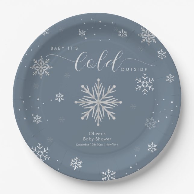Silver Blue Magical Winter Snowflake Baby Shower  Pappteller (Vorderseite)