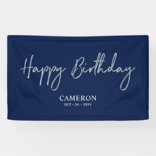 Silver & Blue Minimal Custom Happy Birthday Banner