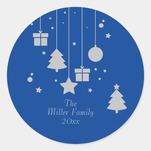 Silver Blue Ornament Personalisiert Runder Aufkleber (Vorderseite)