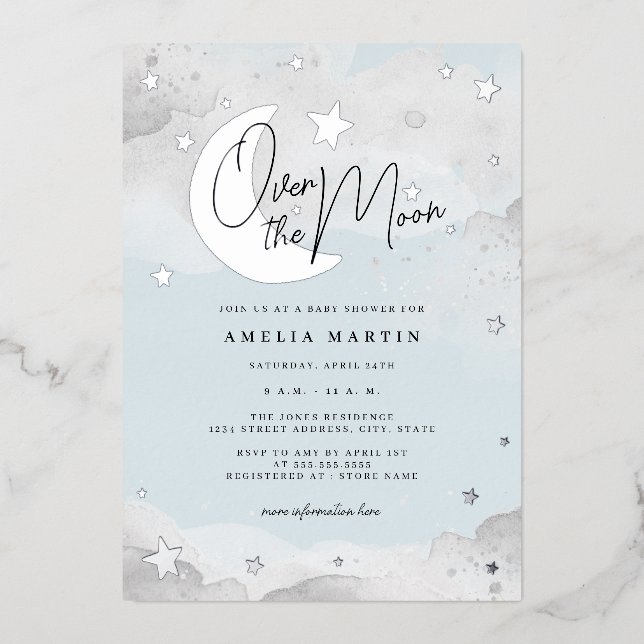 Silver Blue Over Moon Baby Shower Foil Folieneinladung (Vorderseite)