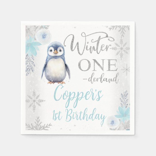 Silver Blue Penguin Winter Onederland Geburtstag Serviette (Vorderseite)