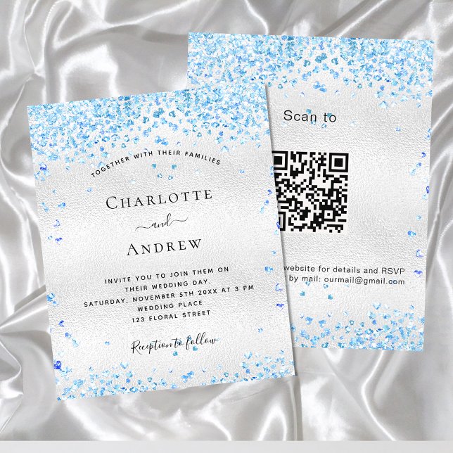 Silver Blue QR Code Budget Hochzeitseinladung Flyer (Von Creator hochgeladen)