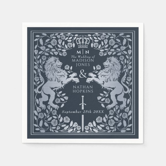Silver Blue Royal Lion Mittelalterliche Hochzeit Serviette (Vorderseite)