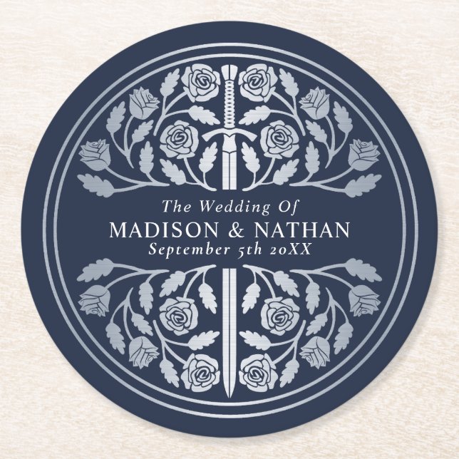 Silver Blue Royal Medieval Sword Wedding Runder Pappuntersetzer (Vorderseite)