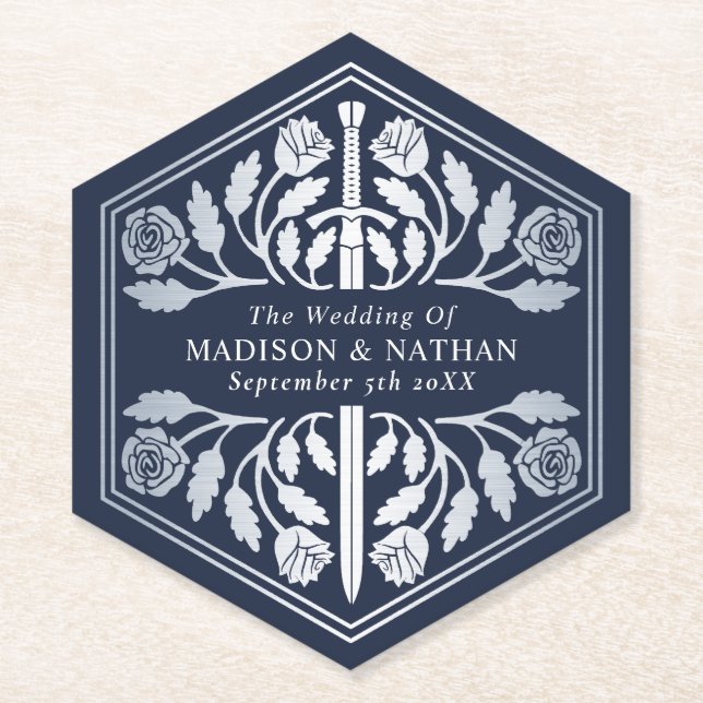 Silver Blue Royal Medieval Sword Wedding Untersetzer (Vorderseite)