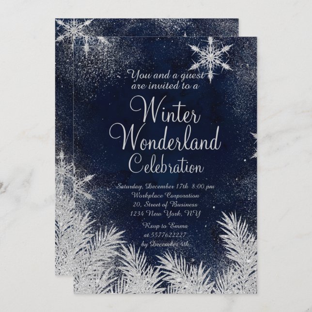 Silver blue snowflake Corporate Winter Wunderland2 Einladung (Vorne/Hinten)