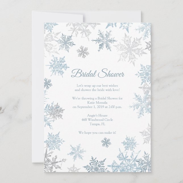 Silver Blue Snowflake Elegantes Winter Brautparty Einladung (Vorderseite)
