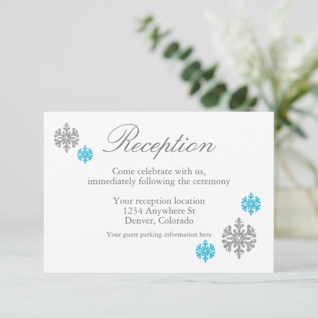 Silver Blue Snowflake Winter Empfang Card Einladung (Stehend Vorderseite)