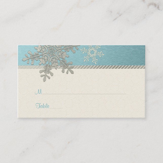 Silver Blue Snowflake Winter Hochzeiten Platzkarte (Vorderseite)