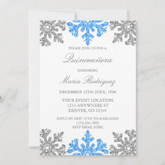 Silver Blue Snowflake Winter Quinceanera Einladung