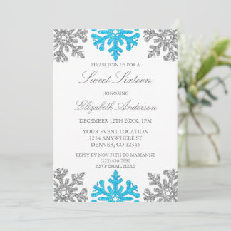 Silver Blue Snowflake Winter Sweet 16 Einladung